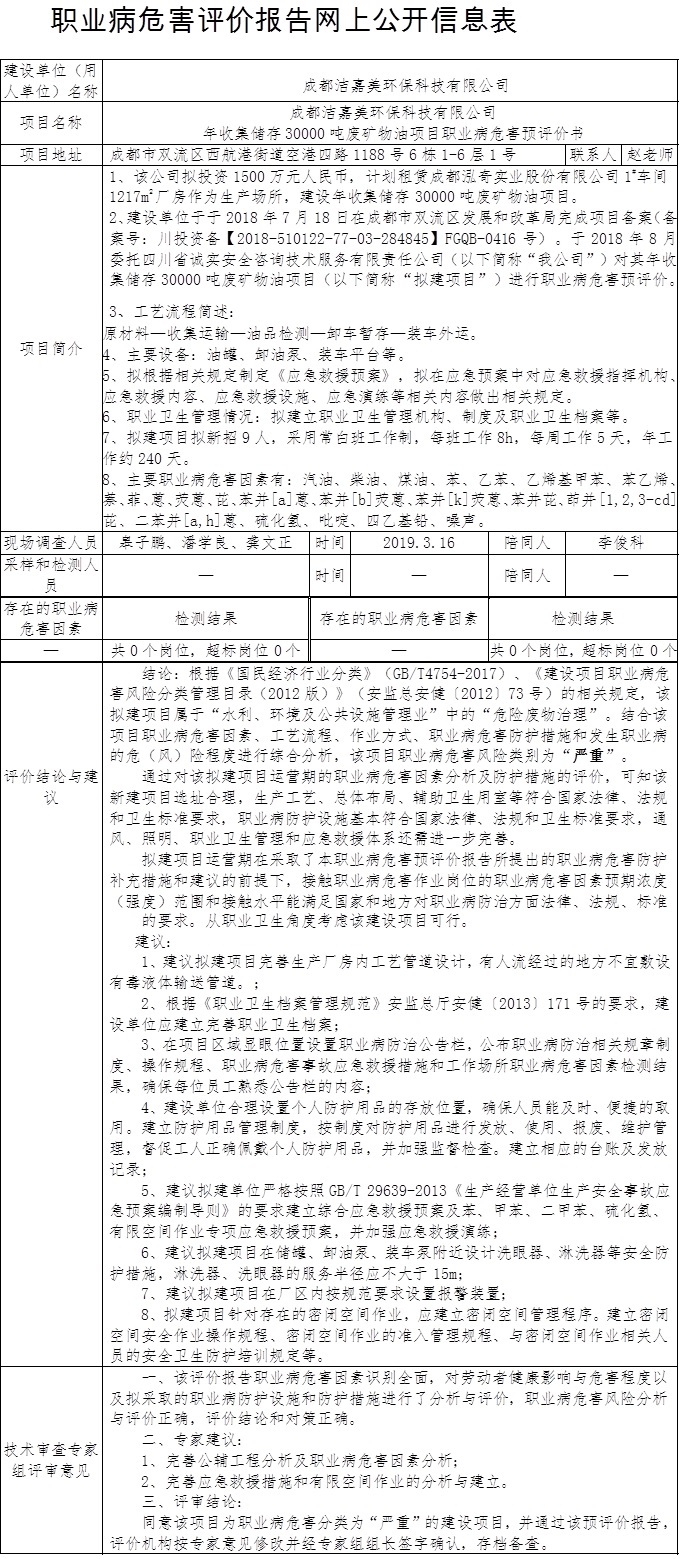 成都洁嘉美环保科技有限公司年收集储存30000吨废矿物油项目职业病危害预评价书.jpg